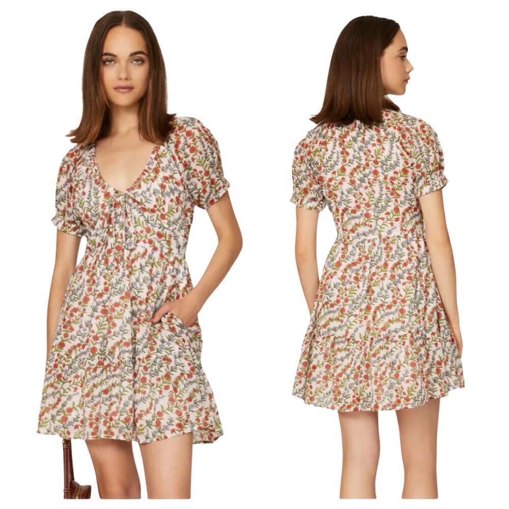 Banjanan Dress Artemis Floral Cotton Mini Short Sleeve White Red Green Blue S
